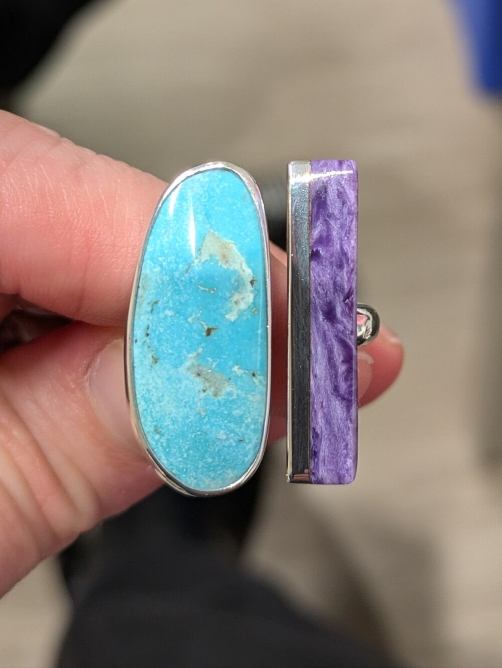 Sterling Silver Turquoise & Amethyst Stone Double Ring